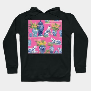 Porcelain cats and chinoiserie jars on hot pink Hoodie